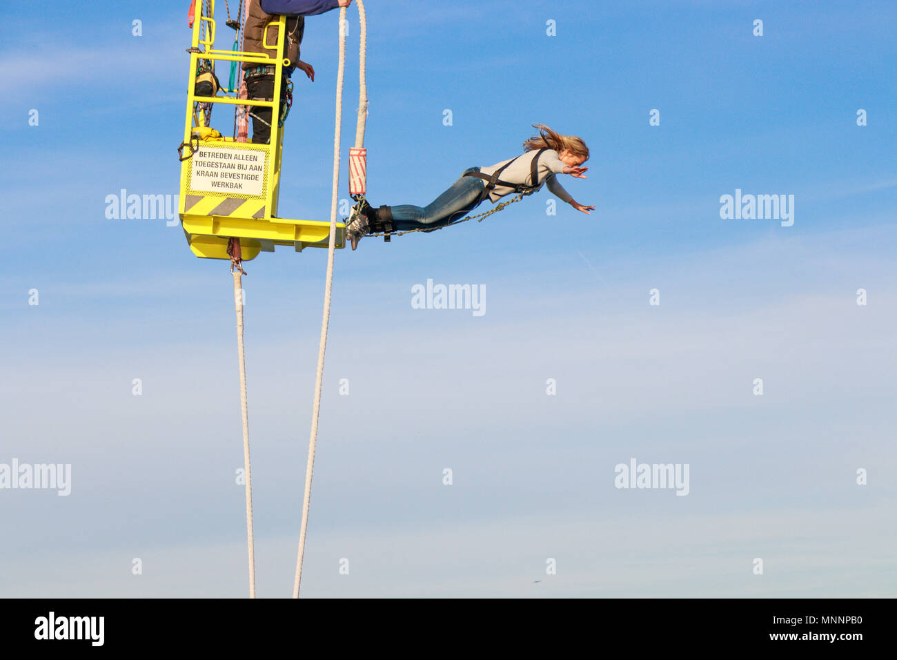 Scheveningen, Netherlands, 12 March 2017 Woman Bungee Jumping At