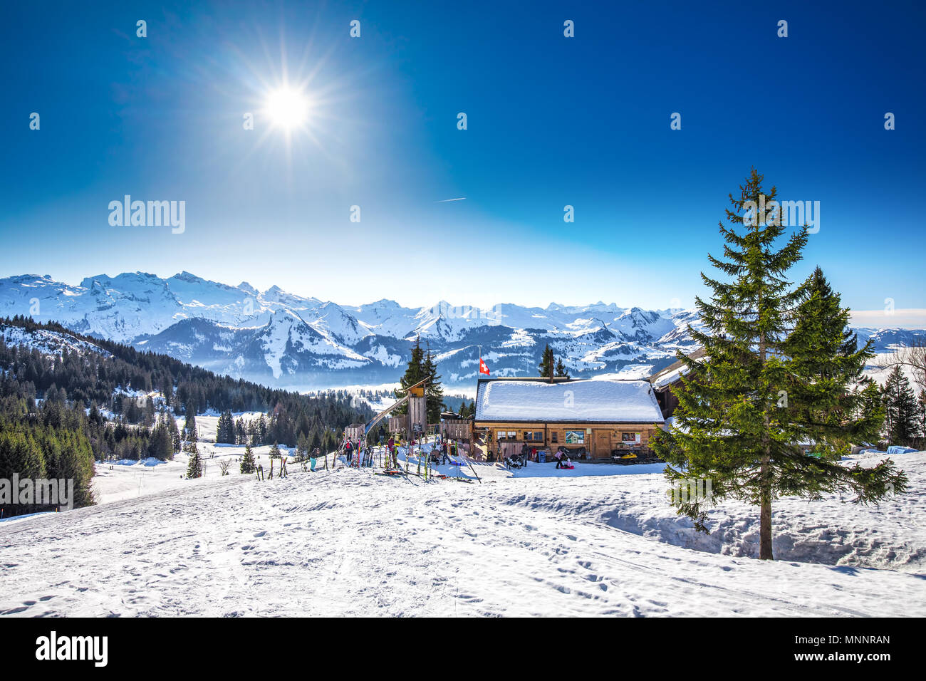 IBERGEREGG, SWITZERLAND - Januar 14, 2018 - Beautiful winter landscape. Chalet covered by fresh snow in Ibergeregg, Switzerland, Europe. Stock Photo