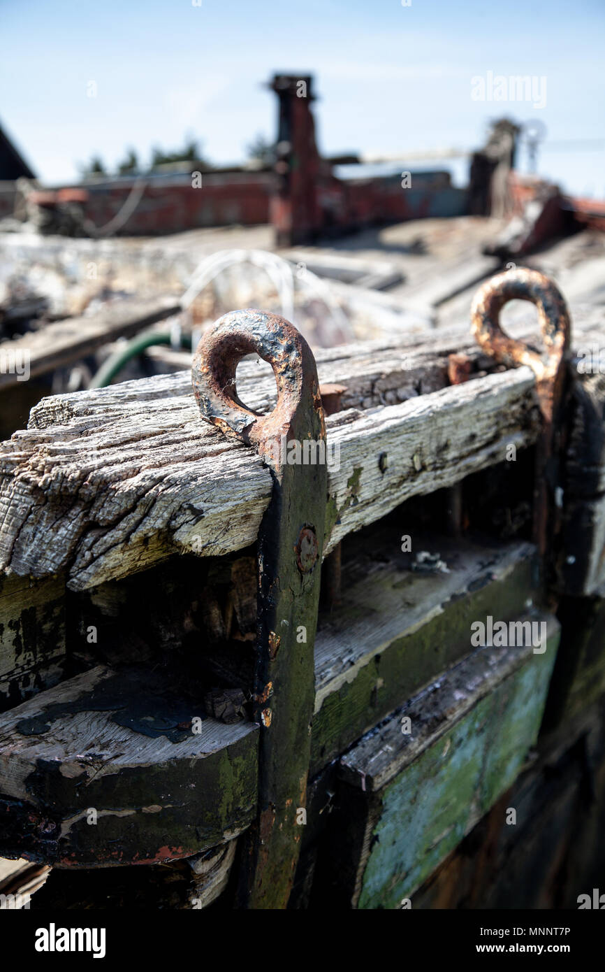 Rotting Wooden Detail of an old cargo barge Stock Photo