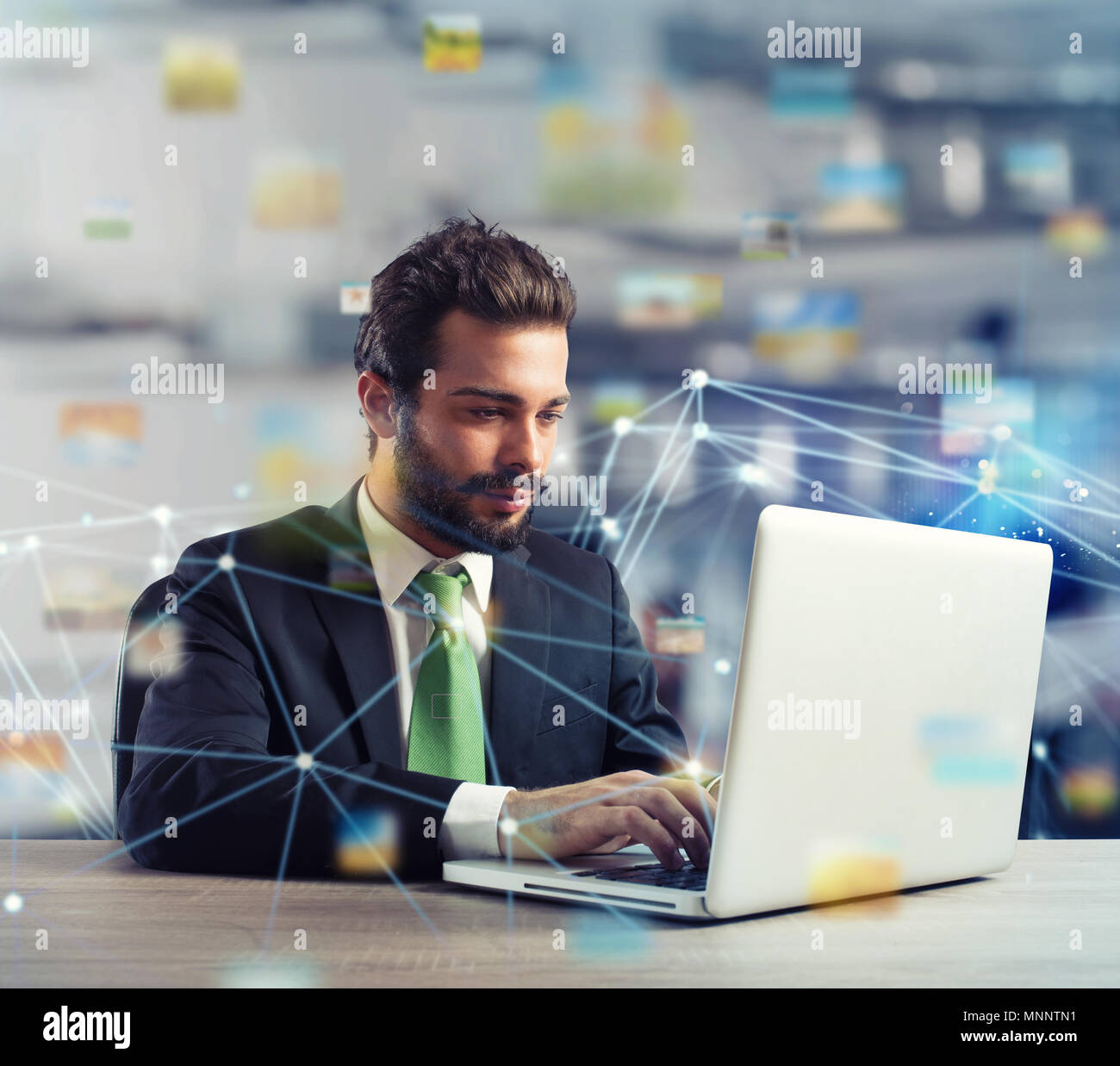 Businessman in office connected on internet network. concept of startup company Stock Photo