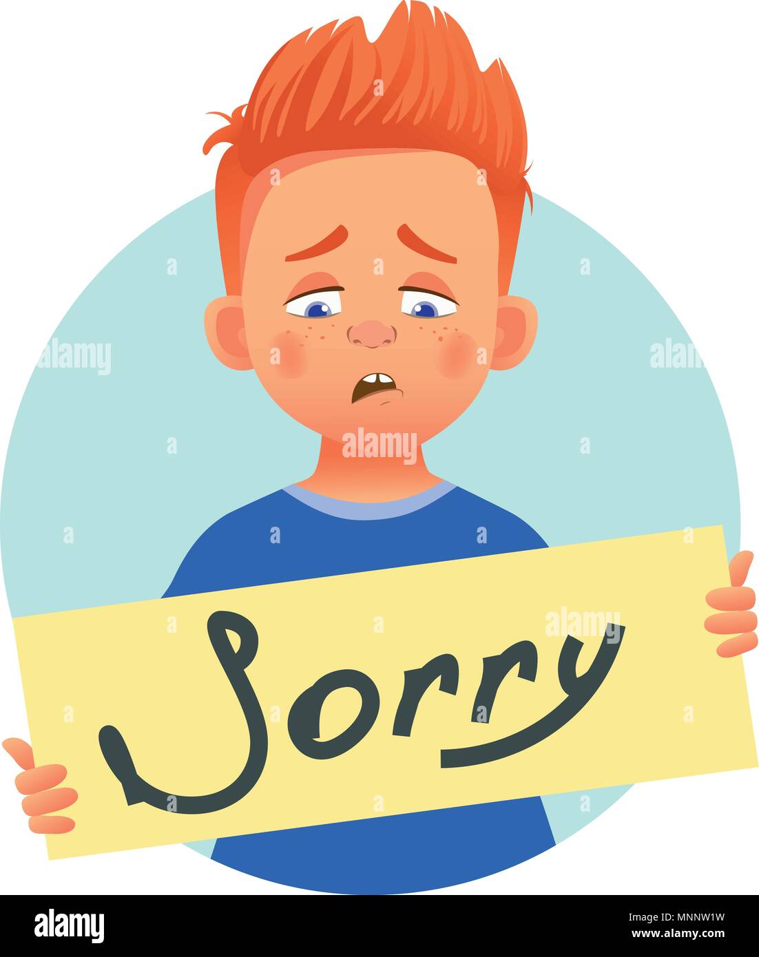 I am sorry message on white background. Sad boy holding poster with word Sorry. Conceptual handwritten message. Stock Vector