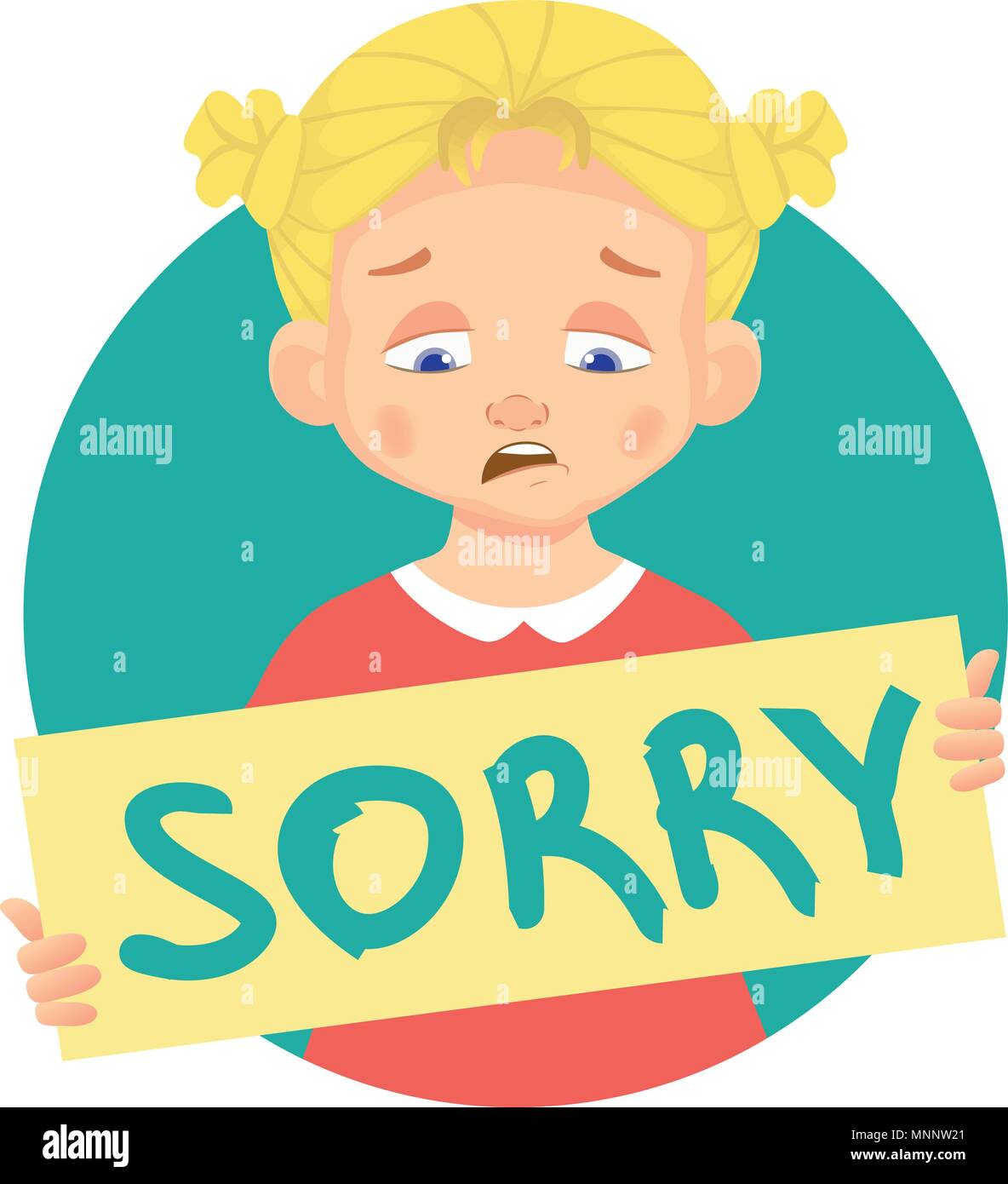 I am sorry message on white background. Sad girl holding poster with word Sorry. Conceptual handwritten message. Stock Vector