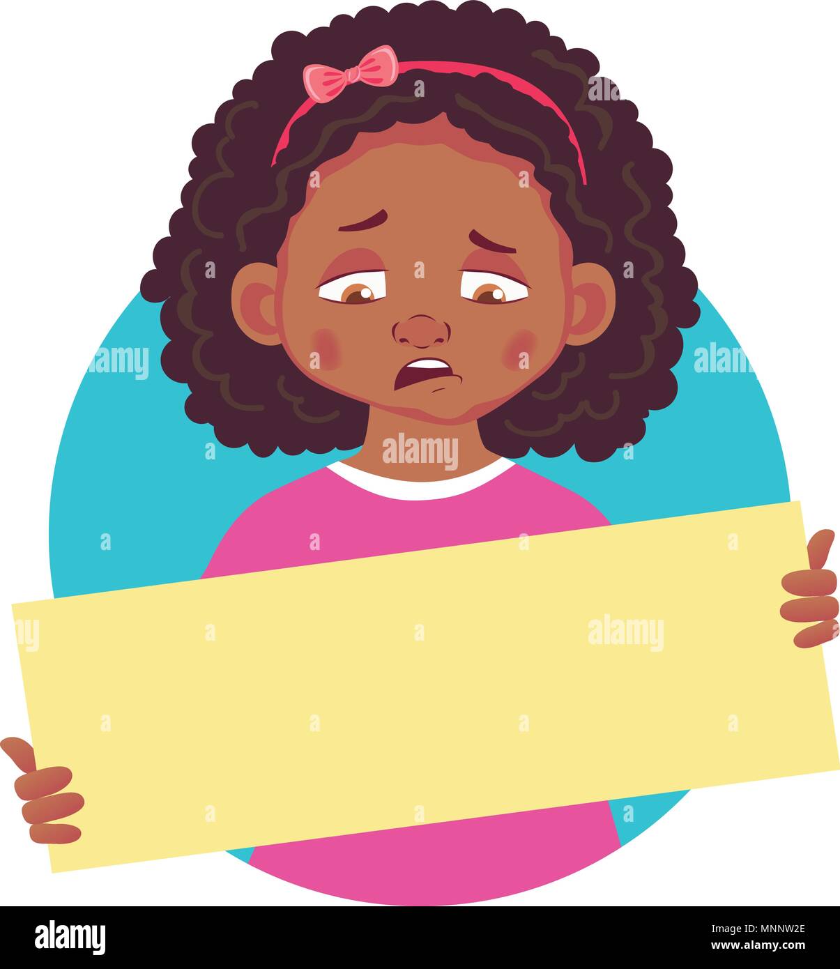 Sad african girl holding blank poster. Blank message vector illustration. Hands holding blank paper Stock Vector