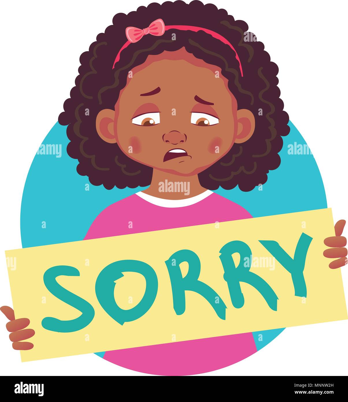 I am sorry message. Sad african girl holding poster with word Sorry. Stock Vector