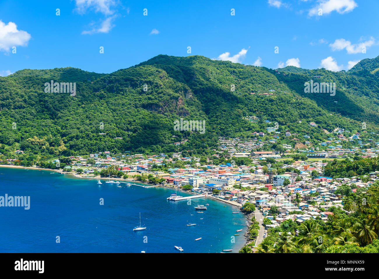 Soufriere Village - tropical coast on the Caribbean island of St. Lucia. It is a paradise destination with a white sand beach and turquoiuse sea. Stock Photo