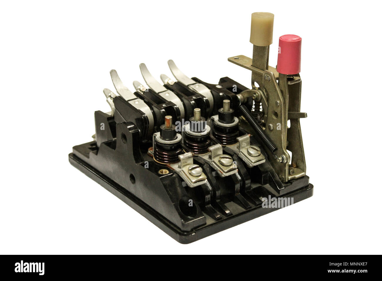 View of the device of the electromagnetic contactor with covers isolated on white background Stock Photo
