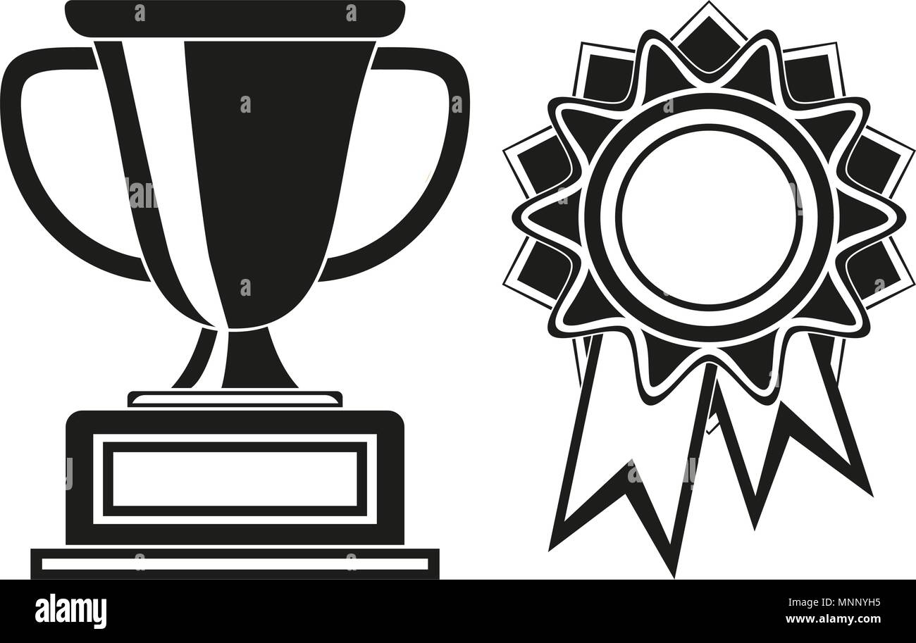Black and white goblet and rosette award set. Stock Vector