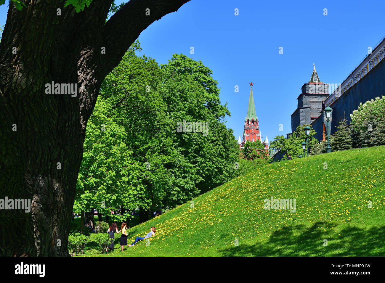 Moscow, Russia - May 12. 2018. view of Kremlin's Trinity Tower from Alexander Park Stock Photo