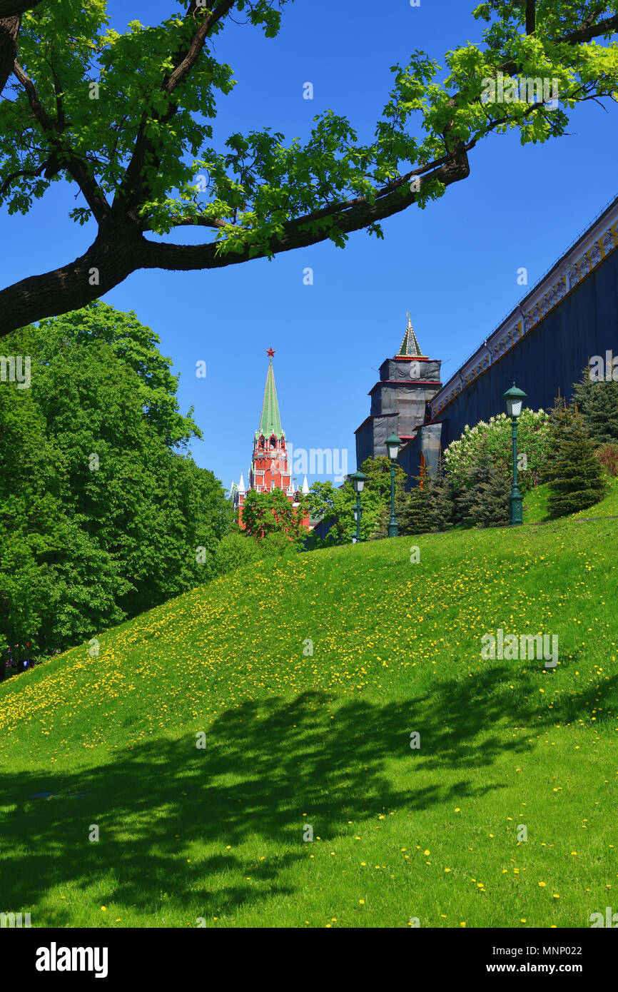 Moscow, Russia - view of Kremlin's Trinity Tower from Alexander Park Stock Photo