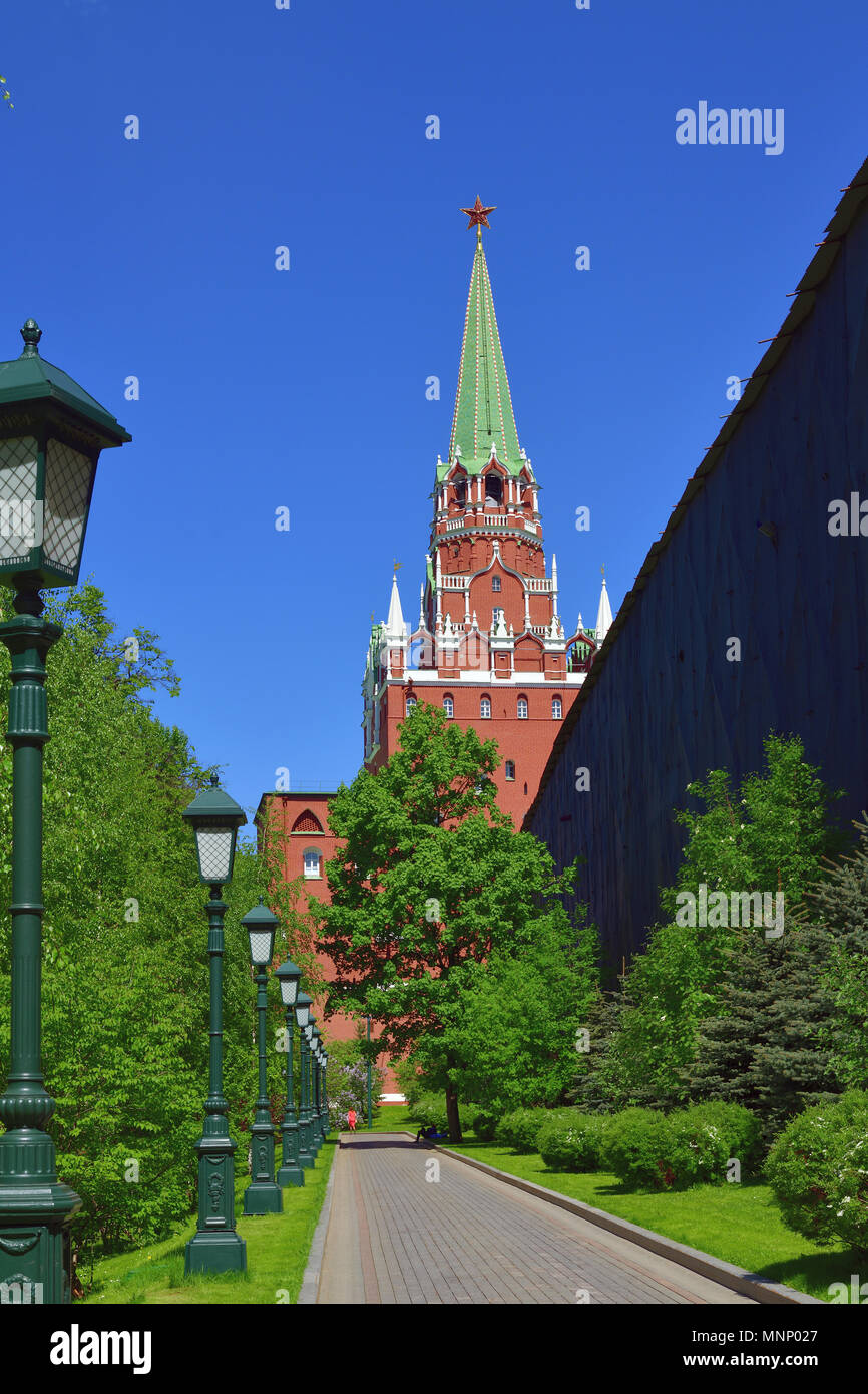 Moscow, Russia - view of Kremlin's Trinity Tower from Alexander Park Stock Photo