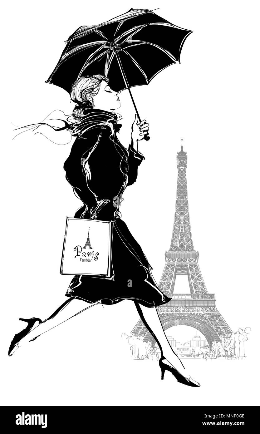 Woman with shopping bag walking under the rain in Paris - vector i;;ustration Stock Vector