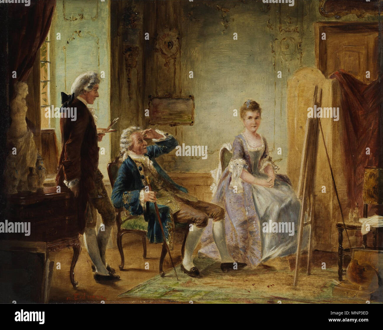. Eines von zwei Gemälden eines Gemäldepaars: Malerei. Öl auf Holz. 20 x 25 cm. by 1905. Otto Wilhelm Erdmann (1834–1905) 949 Otto Erdmann Genreszene aus dem 18 Jh Malerei Stock Photo