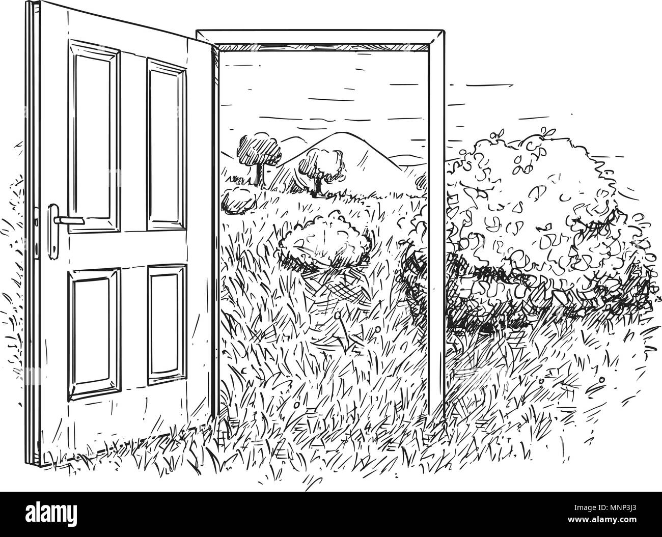 Vector Artistic Drawing Illustration of Open Door in Beautiful Nature Landscape Stock Vector