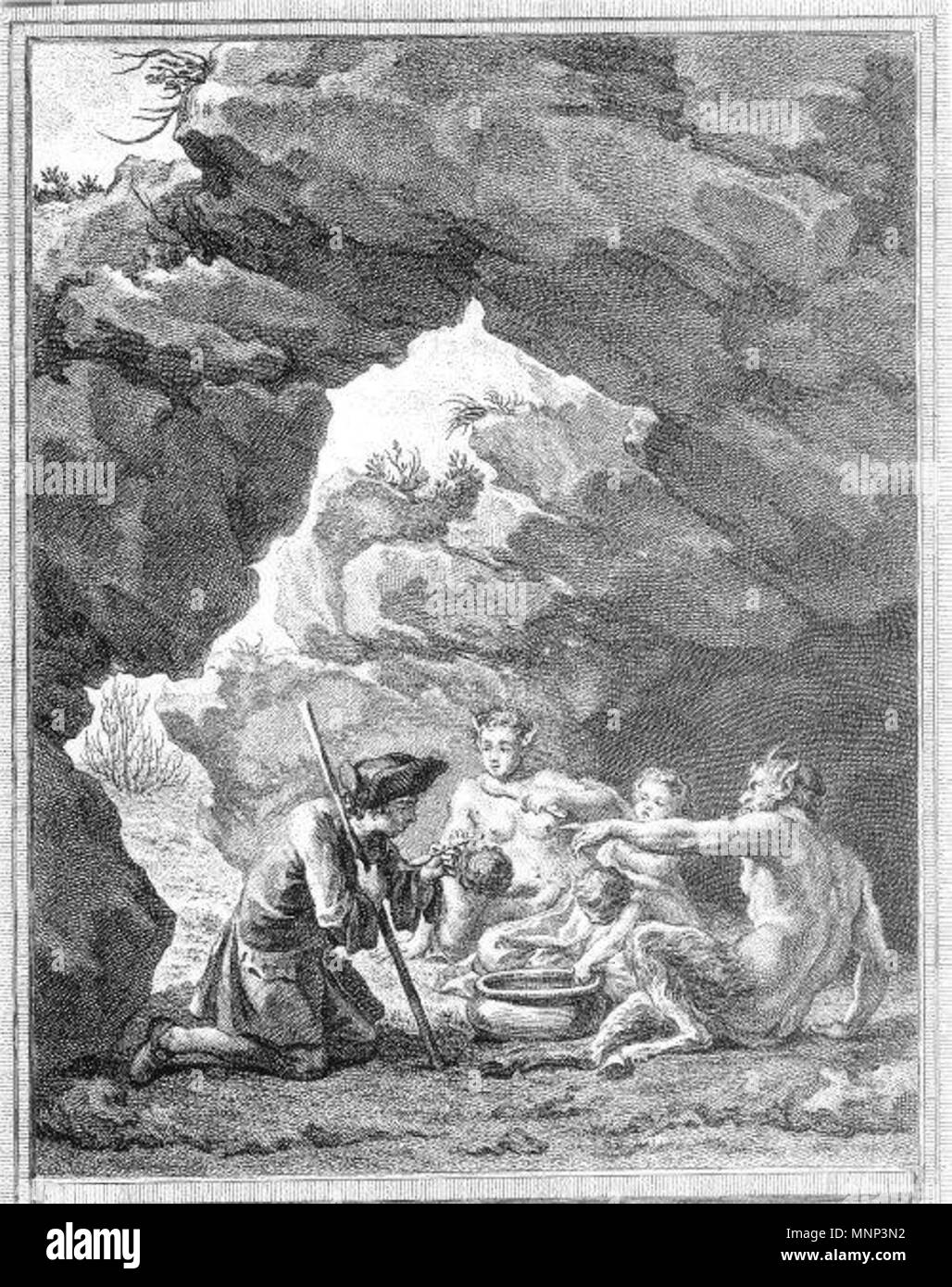 . English: Jean-Baptiste Oudry's illustration of La Fontaine's Fable, 'Le Satyre et le Passant' from the illustrated edition of 1755 . 1755. J-B. Oudry 950 Oudry - le satyre et le passant Stock Photo