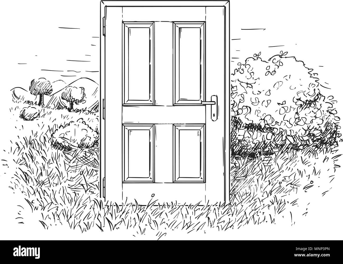 Vector Artistic Drawing Illustration of Closed Door in Beautiful Nature Landscape Stock Vector