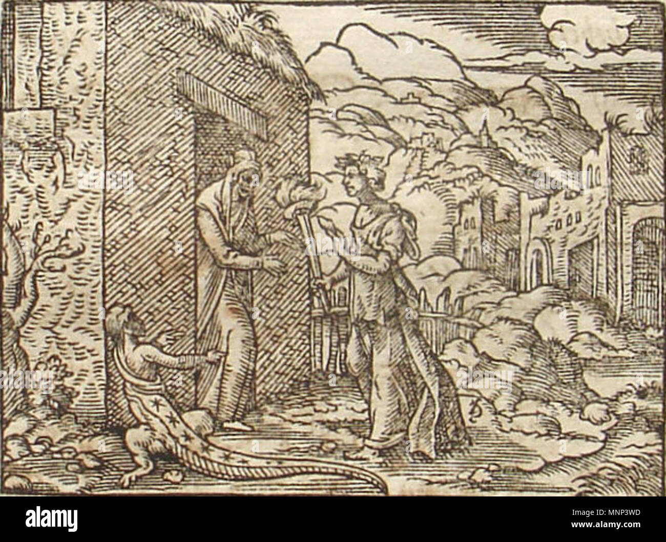 . English: Ceres is mocked by a boy, which is turned into a star lizard (Ovid. Met. V, 449ff). Engraving by Virgil Solis, 1581. 1581.   Virgil Solis  (1514–1562)      Alternative names Solis, Virgilius  Description German painter and engraver  Date of birth/death 1514 1 August 1562  Location of birth/death Nuremberg Nuremberg  Work location Nuremberg  Authority control  : Q563366 VIAF: 17337630 ISNI: 0000 0001 2122 4677 ULAN: 500007753 LCCN: n81017860 GND: 118615300 WorldCat 951 Ovid Met 5 - Star Lizard - Virgil Solis 1581 Stock Photo