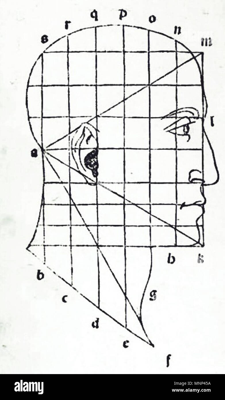 . English: Illustration of a human head with its proportions indicated by an equilateral triangle and grid lines. From Luca Pacioli's De Divina Proportione, 1509, page 70 . 1509. Luca Pacioli 952 Pacioli De Divina Proportione Head Equilateral Triangle 1509 Stock Photo