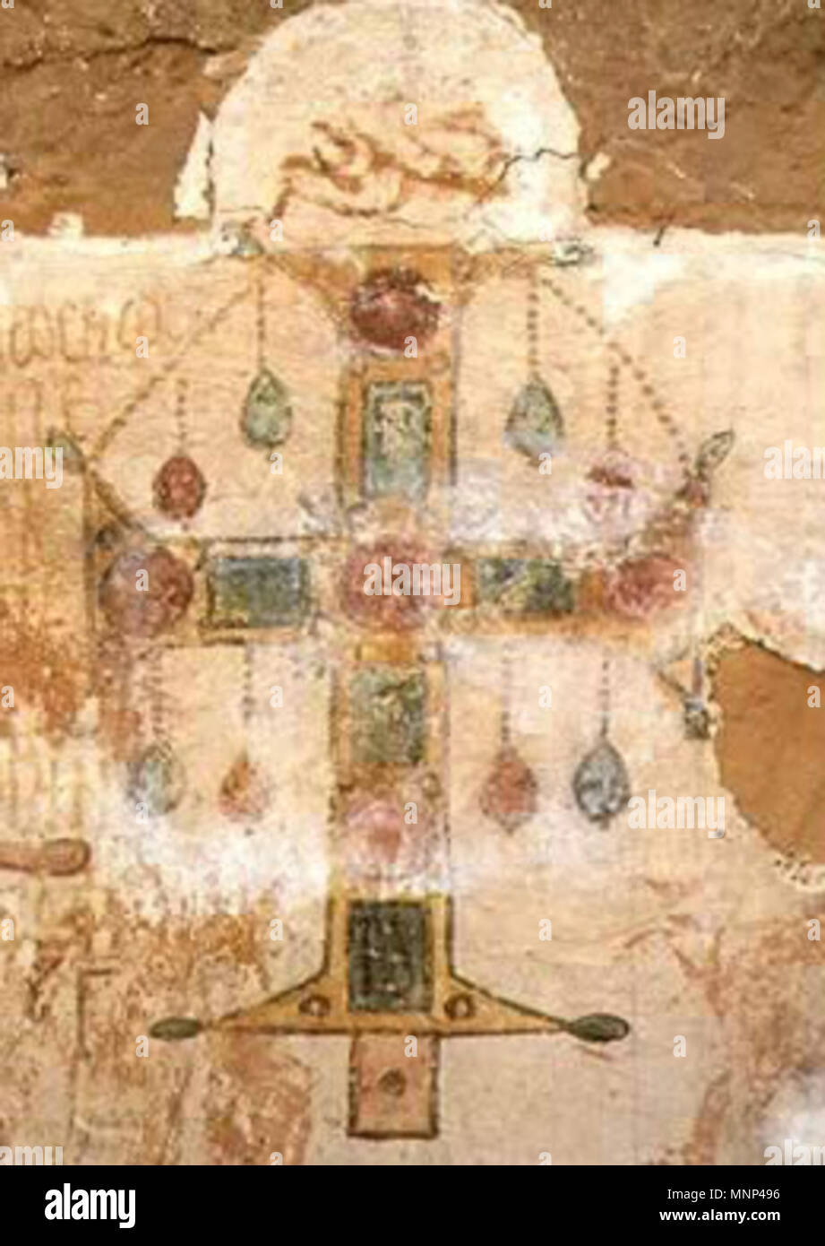 . English: Wall painting of a cross (crux gemmata), late 6th century, Kellia, Egypt. — Coptic Egypt: The Christians of the Nile, Christian Cannuyer, collection ‘New Horizons’, p. 137. Thames & Hudson, 1 June 2001. late 6th century. Anonymous 953 Painting of a Cross, Kellia Stock Photo