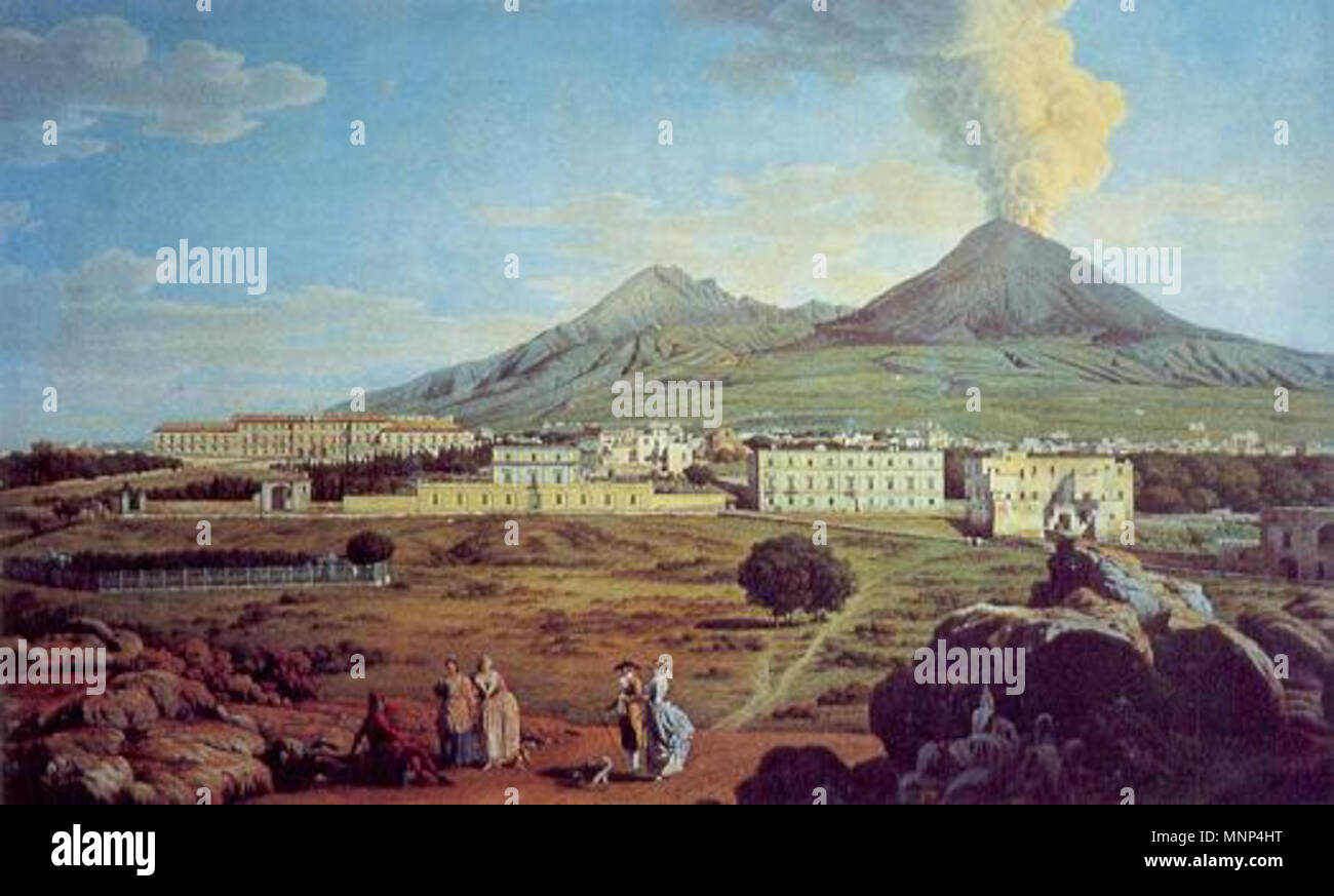 .  English: Painting of the Palace of Portici to the left; on the right is the town of Portici. . circa 1745.   954 Palace of Portici, c 1745 Stock Photo