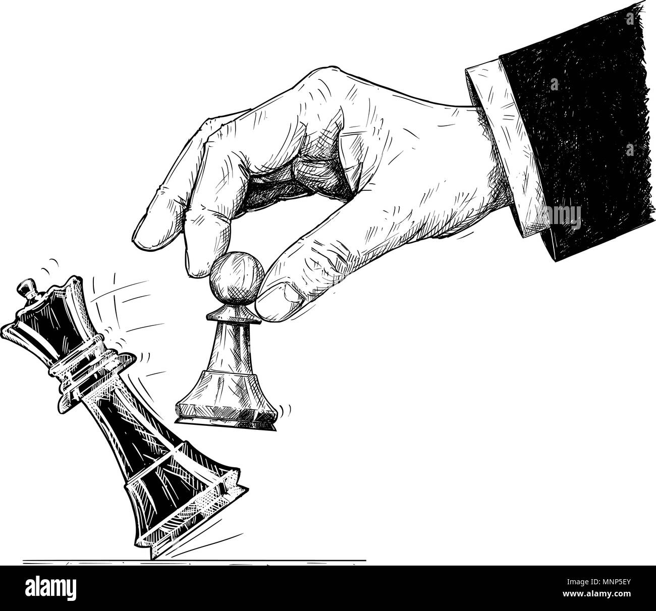 Vector Artistic Drawing Illustration of Hand Holding Chess Pawn and Knocking Down King. Checkmate. Stock Vector