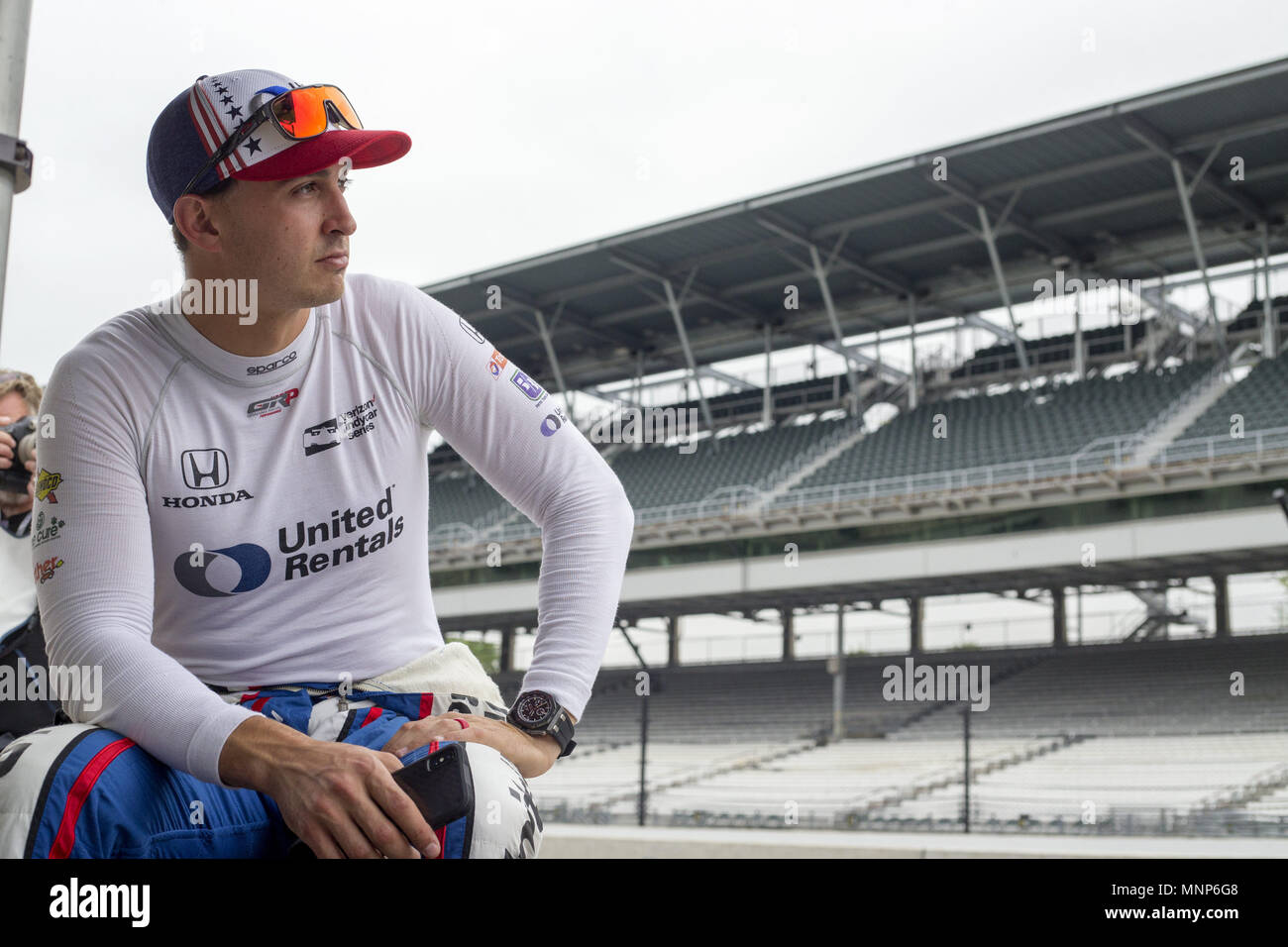 Indianapolis, Indiana, USA. 18th May, 2018. GRAHAM RAHAL (15) of the United States hangs out at his pit stall during ''Fast Friday'' practice for the Indianapolis 500 at the Indianapolis Motor Speedway in Indianapolis, Indiana. Credit: Chris Owens Asp Inc/ASP/ZUMA Wire/Alamy Live News Stock Photo