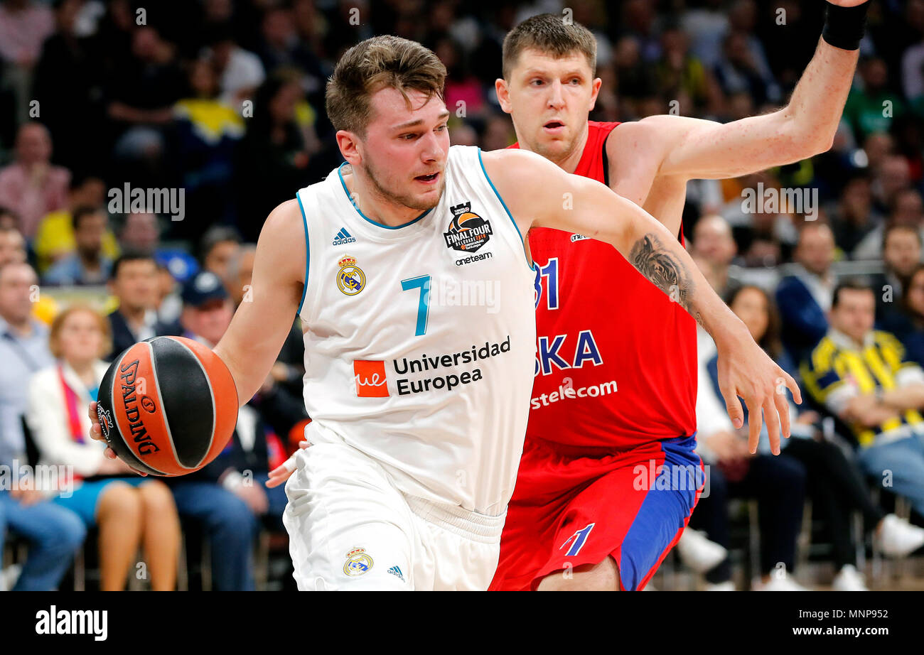 Belgrade. 18th May, 2018. Real Madrid's Luka Doncic (L) vies with CSKA  Moscow's Victor Khryapa during Euroleague Final 4 semi final basketball  match between CSKA Moscow and Real Madrid in Belgrade, Serbia