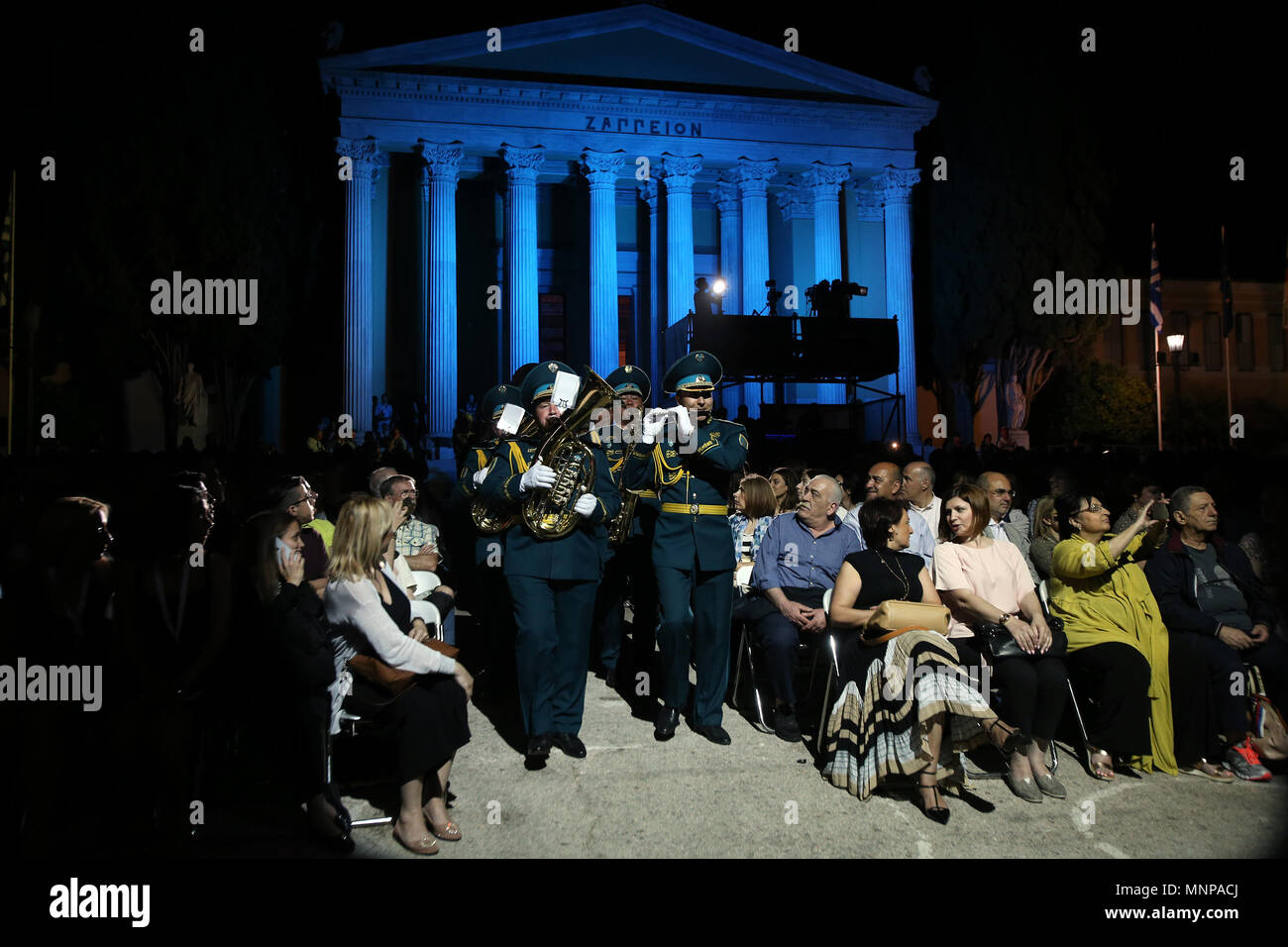 Athens, Greece. 18th May, 2018. Italian Band perform during the Athens Military Music Festival at Zappeion in Athens, Greece, May 18, 2018. The Athens Military Music Festival brings two days of military orchestras, musicians, soloists and dancers from different corners of the globe. Credit: Marios Lolos/Xinhua/Alamy Live News Stock Photo