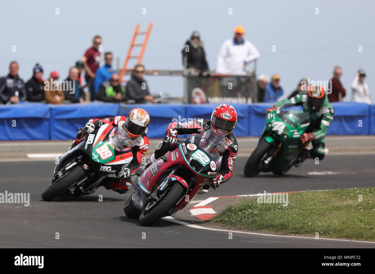 Portrush, Northern Ireland. 19th May, 2018. International North West 200  Motorbike race, Saturday racing; James Cowton (McAdoo Kawasaki Racing)  takes the win in the Supertwin race, ahead of Jeremy McWilliams (KMR  Kawasaki/lEG