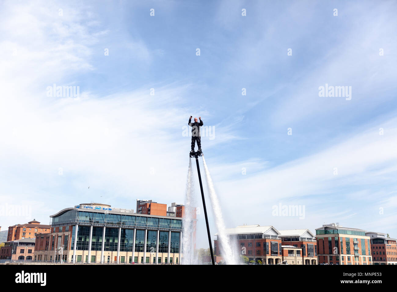 Queen's Quay, Northern Ireland.19th May 2018. As part of the Belfast Maritime Festival there was flyboard jet ski display.  Photo: Sean Harkin/Alamy Live News sales@alamy.com Stock Photo