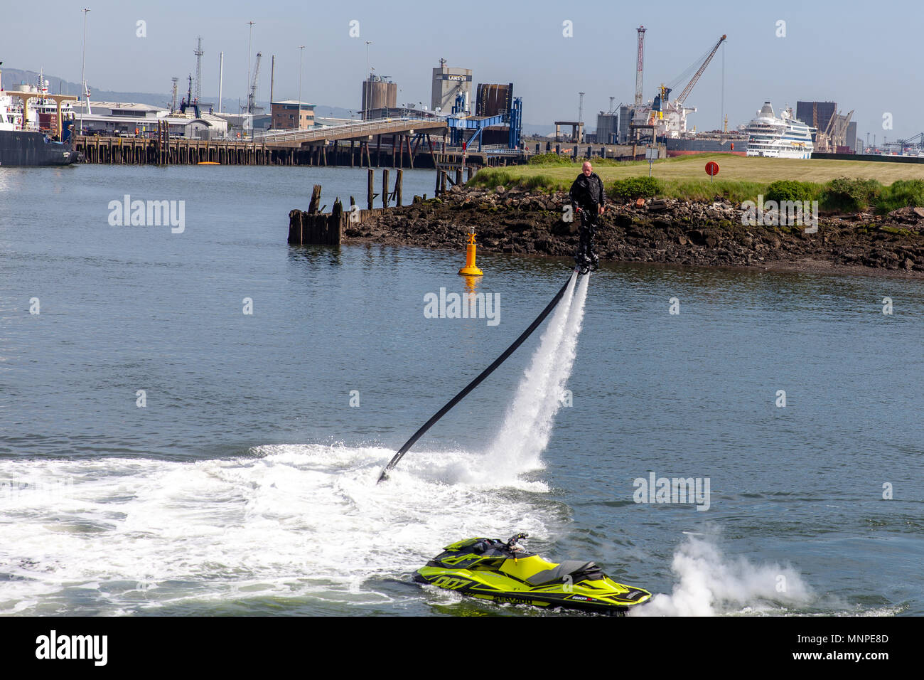 Queen's Quay, Northern Ireland.19th May 2018. As part of the Belfast Maritime Festival there was flyboard jet ski display.  Photo: Sean Harkin/Alamy Live News sales@alamy.com Stock Photo
