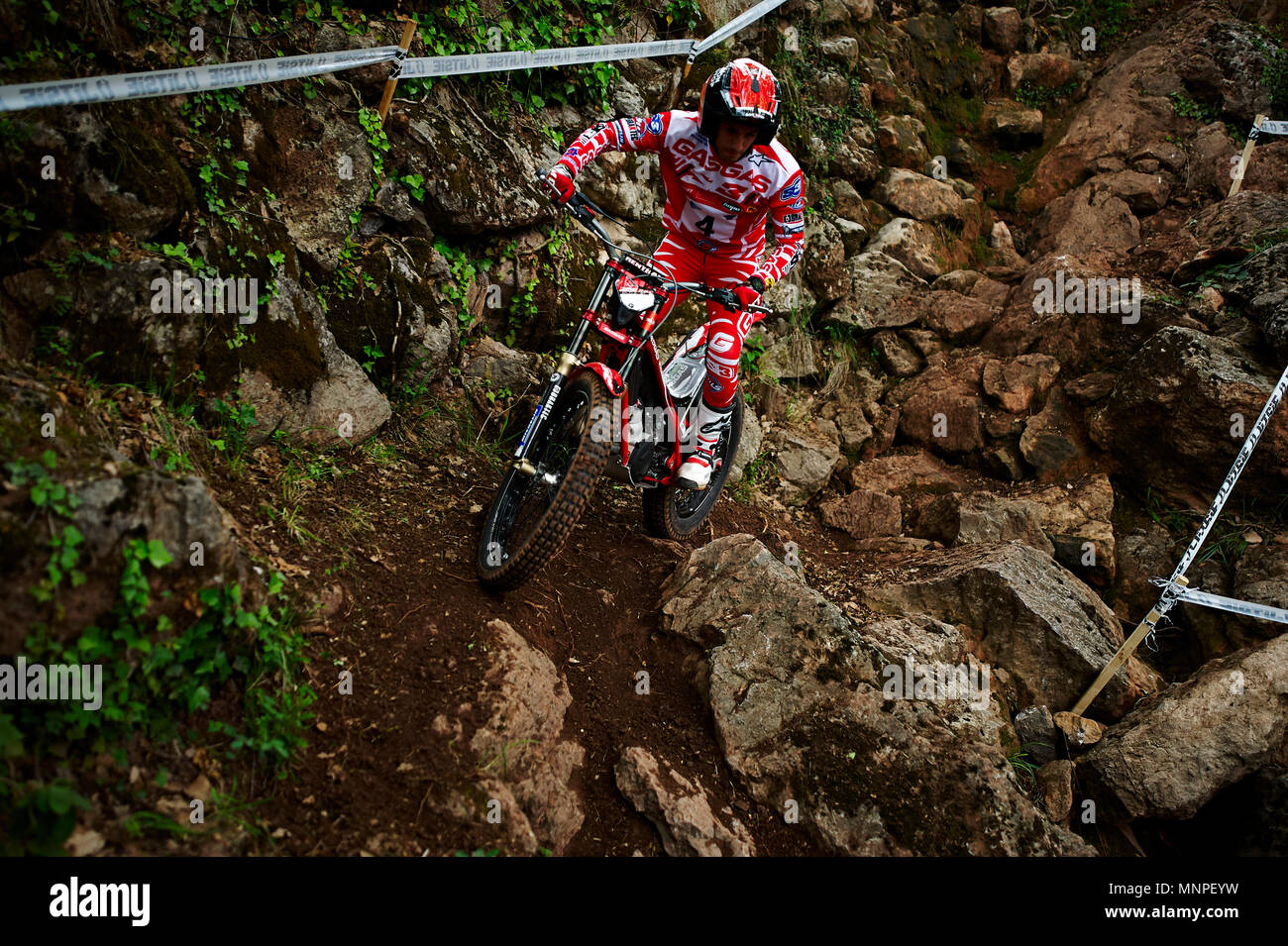 Camprodon, Girona, Spain. 19th May, 2018. FIM Trial World Championships, Spain; Jeroni Fajardo of the TrialGP class in action during the qualification 2 Credit: Action Plus Sports/Alamy Live News Stock Photo