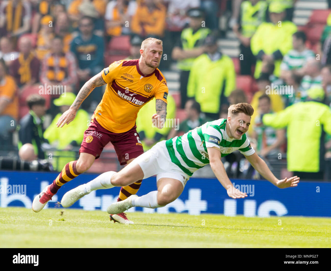 Hampden Park, Glasgow, UK. 19th May, 2018. Scottish Cup football final, Celtic versus Motherwell; Richard Tait of Motherwell brings down James Forrest of Celtic Credit: Action Plus Sports/Alamy Live News Stock Photo