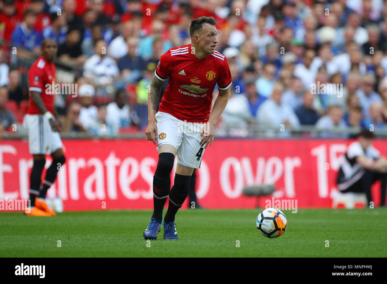 London, UK, 19 May 2018.   Phil Jones of Manchester United during the FA Cup Final match between Chelsea and Manchester United at Wembley Stadium on May 19th 2018 in London, England. (Photo by Paul Chesterton/phcimages.com) Credit: PHC Images/Alamy Live News Credit: PHC Images/Alamy Live News Stock Photo