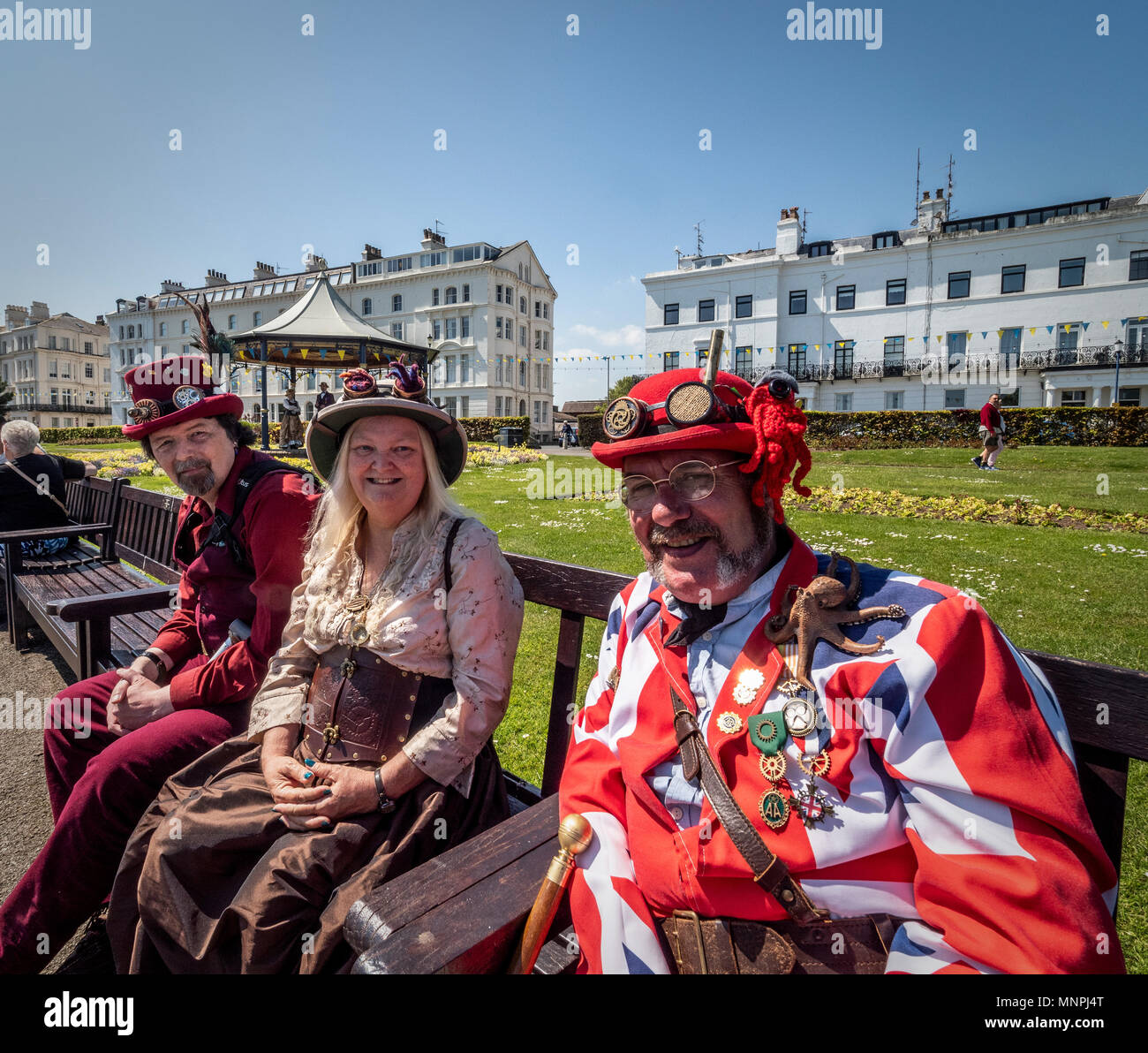 Filey, UK. 19th May, 2018. Many costumes incorporate Union Jack designs during the 2nd annual Filey Steampunk weekend as a nod towards the Royal Wedding. The steampunk fan weekend has returned for a second year and is attracting Steampunk fans from all over the UK. Photo Bailey-Cooper Photography/Alamy Live News Stock Photo