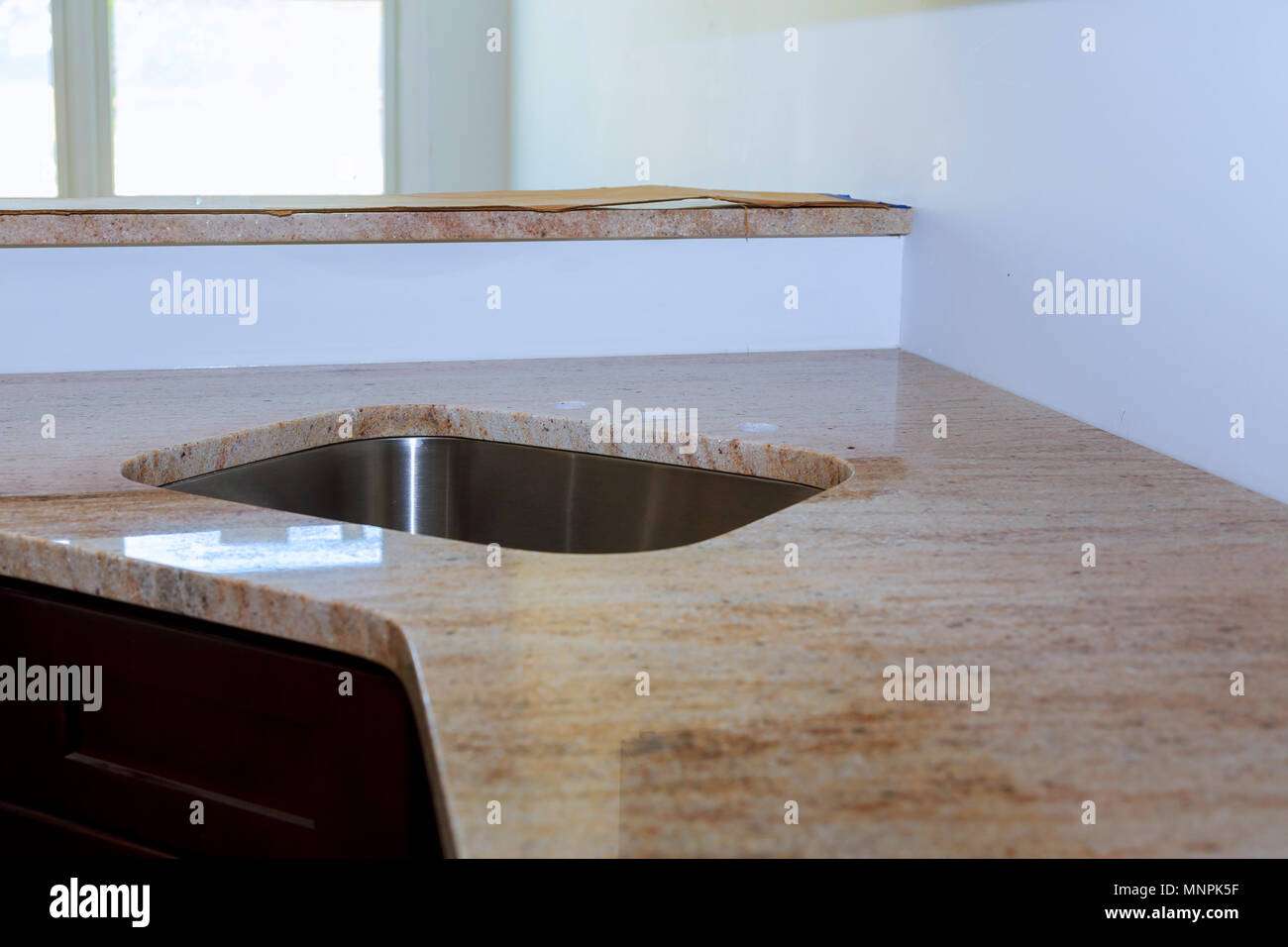 Empty Marble Top Counter Table In Kitchen Room Stock Photo