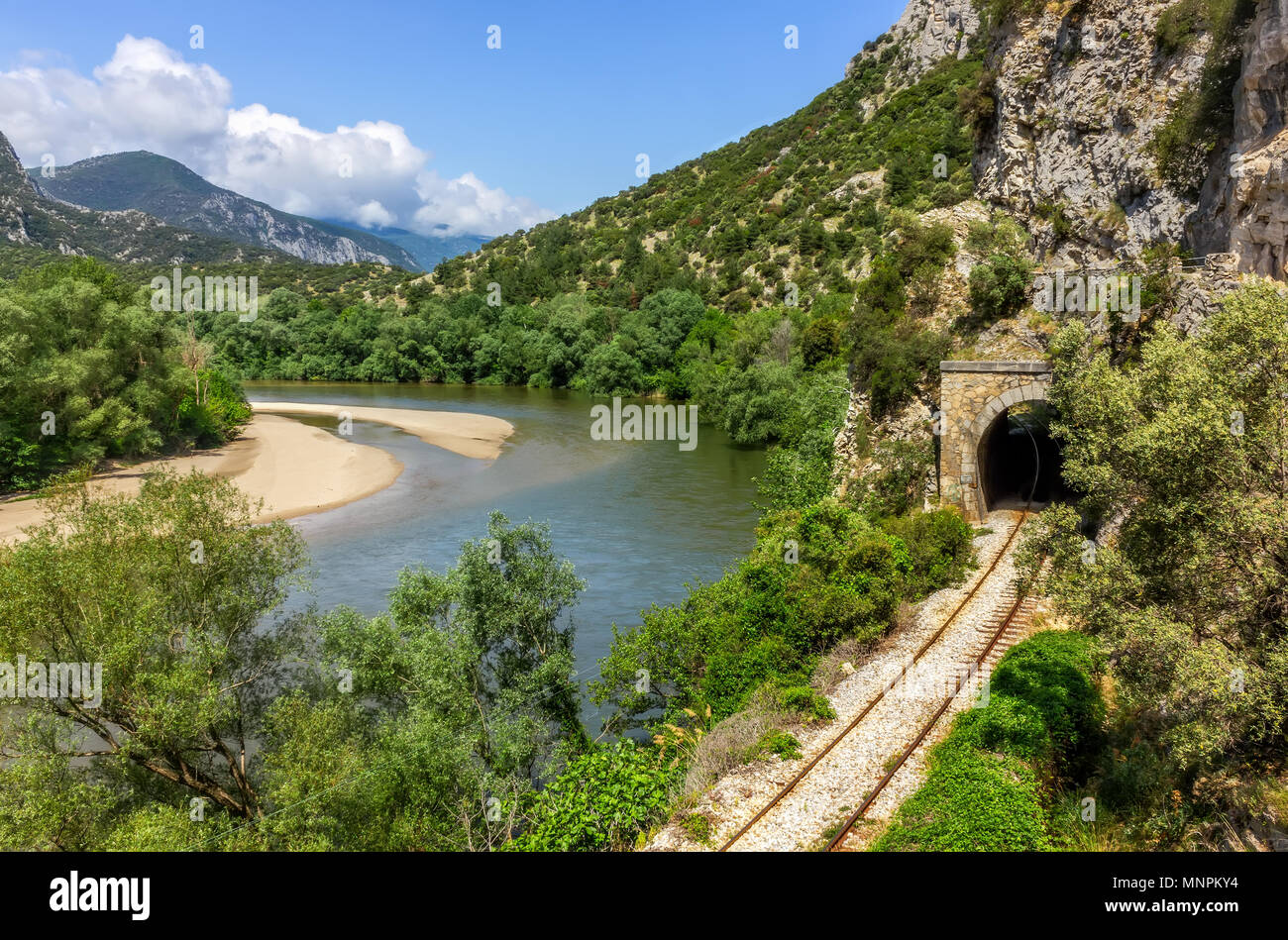 Mountain landscape close to river Nestos in Greece with railways. Stock Photo