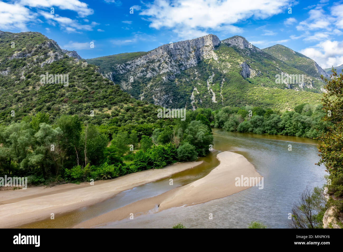 Mountain landscape close to river Nestos in Greece with railways. Stock Photo