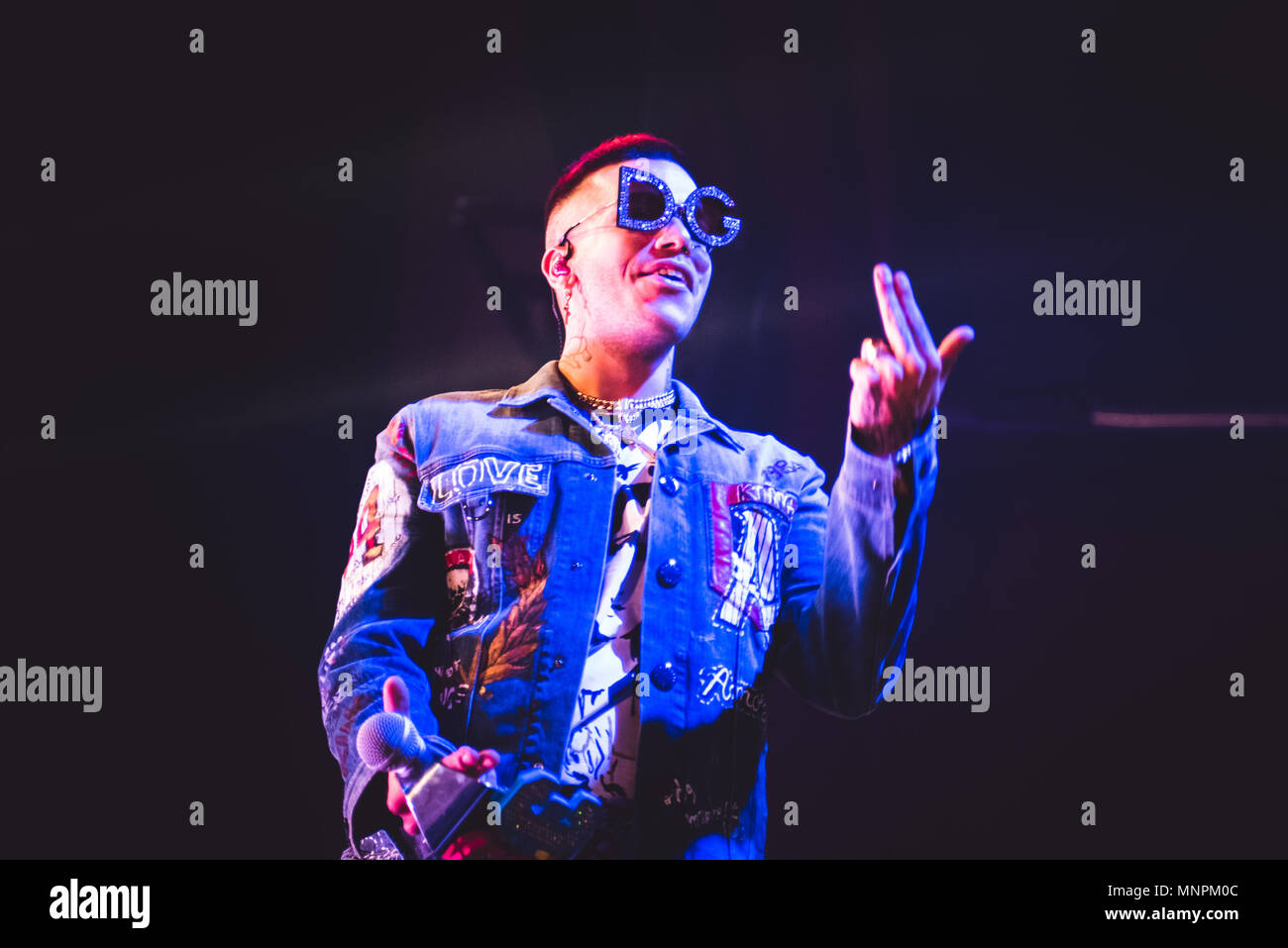 The Italian rapper Sfera Ebbasta, the "King of Trap" performing live on  stage at the sold out Teatro della Concordia in Venaria, near Turin, for  his first "Rockstar tour" concert. (Photo by