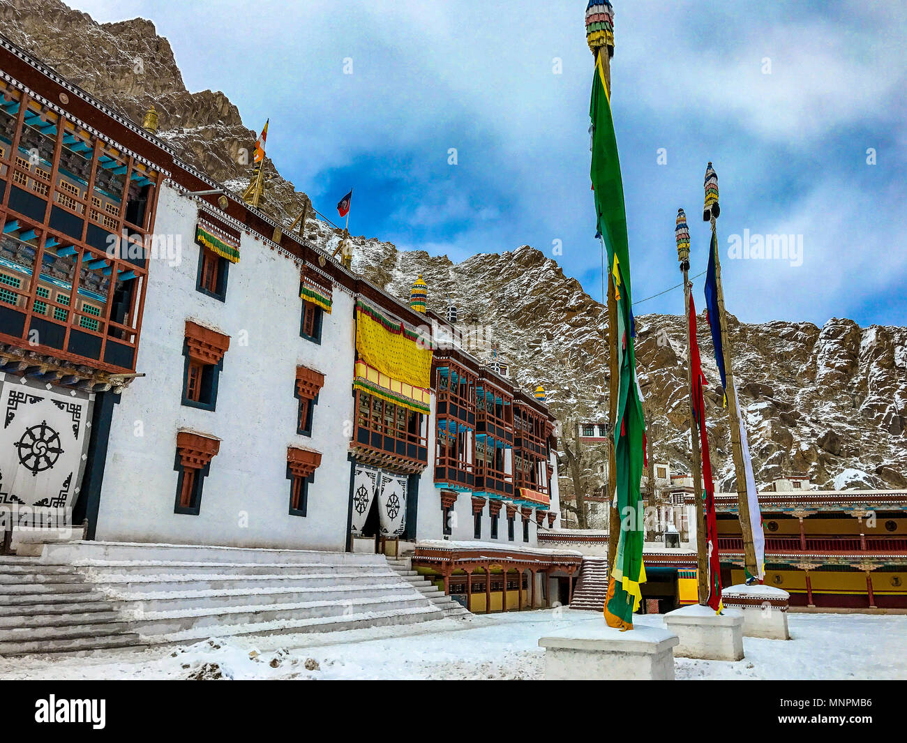 Thiksey Monastery is an imposing religious edifice, which earns recognition as one of the most spectacular Buddhist shrines of Ladakh, India. Stock Photo