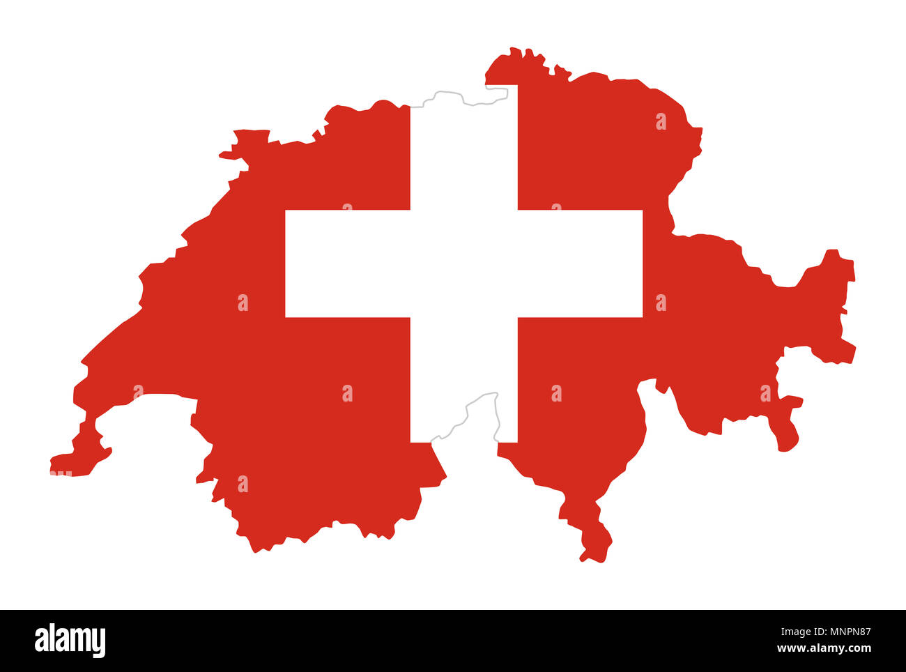 Flag of Switzerland in country silhouette. Landmass and borders as outline, within the banner of the nation. Red flag with white cross. Illustration. Stock Photo