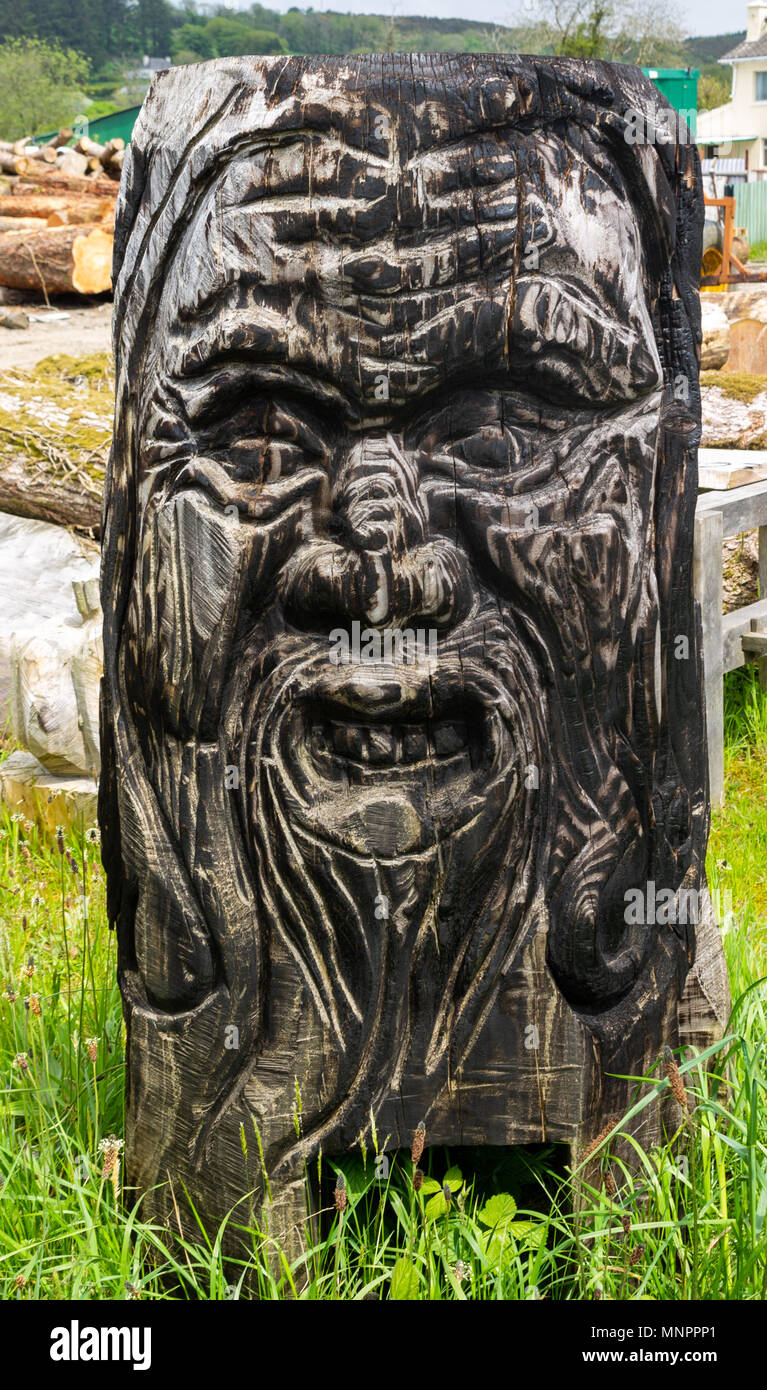 wood carving of a bearded mans head cut from a solid piece of tree trunk, then given a scorch effect in a wood carvers yard in drimoleague, ireland. Stock Photo