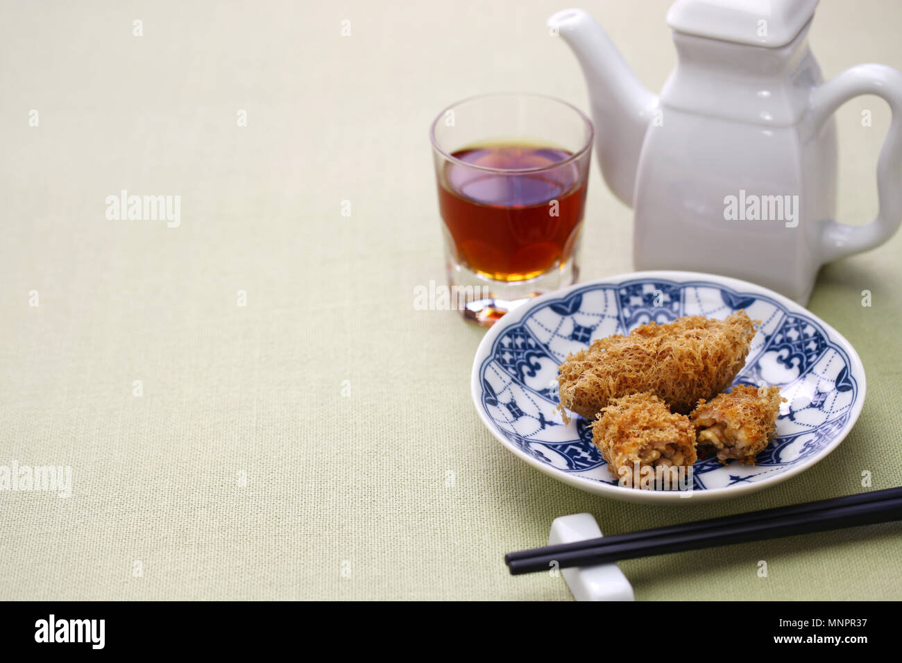 deep fried taro dumplings, chinese dim sum and shaoxing wine