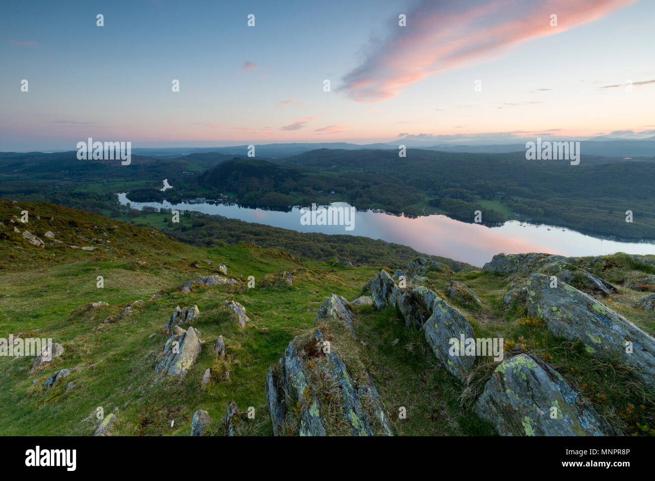 Gummers How overlooking Lake Windermere at sundown in the Lake District Stock Photo