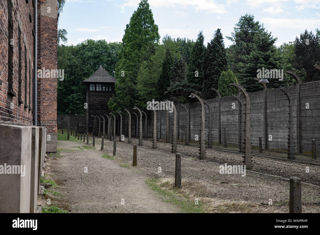 Inside the barbed wire fence at the Nazi Concentration Camp Auschwitz Stock Photo