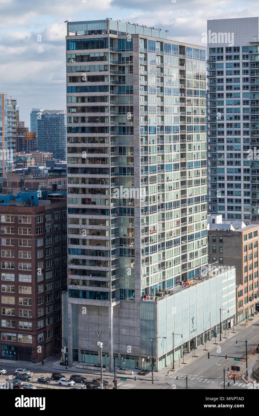 Aerial view of the Vetro condominum building in Printer's Row
