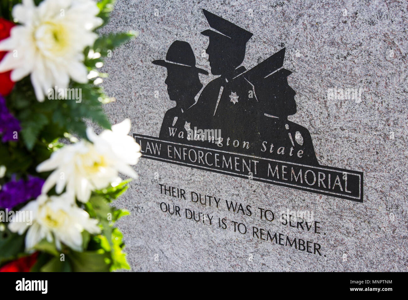 Olympia, Washington / USA - May 5, 2018:  Washington State Law Enforcement Memorial outside of the State Capitol building. Stock Photo