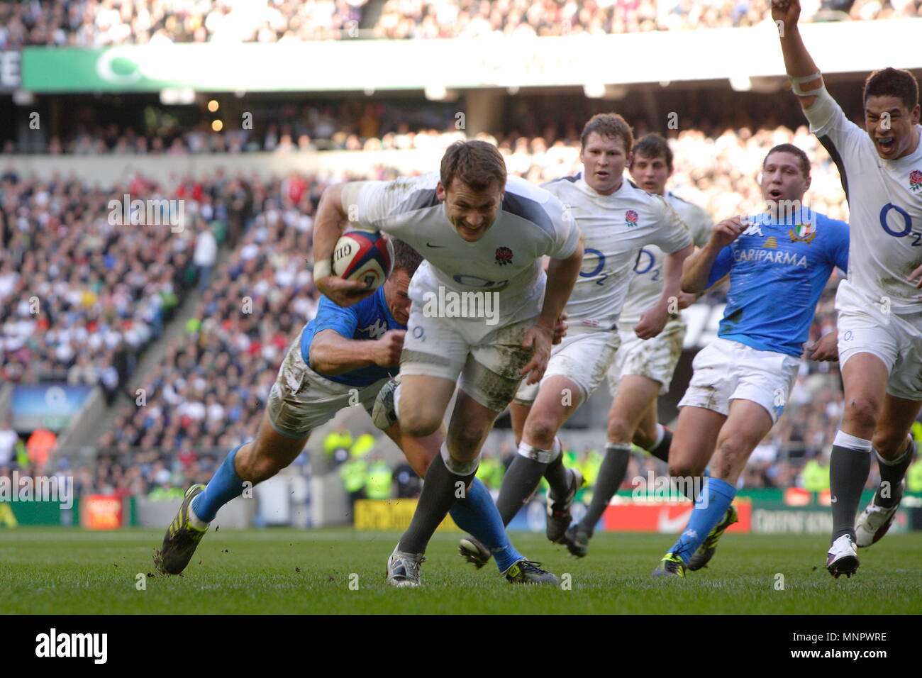 Mark Cueto of England dives for the try line during the England vs. Italy RBS 6 Nations Championship International Rugby 2011, played at Twickenham Stadium in London, England, UK Stock Photo
