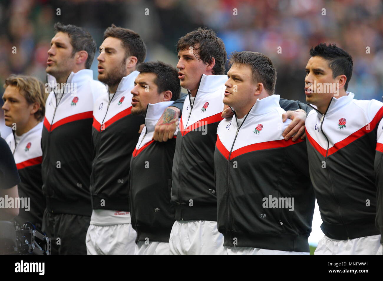 Jonny Wilkinson, Simon Shaw, Matt Banahan, Hendre Fourie, Tom Wood, David Wilson, Shontayne Hape and Alex Corbisiero of England during the England vs. Italy RBS 6 Nations Championship International Rugby 2011, played at Twickenham Stadium in London, England, UK Stock Photo