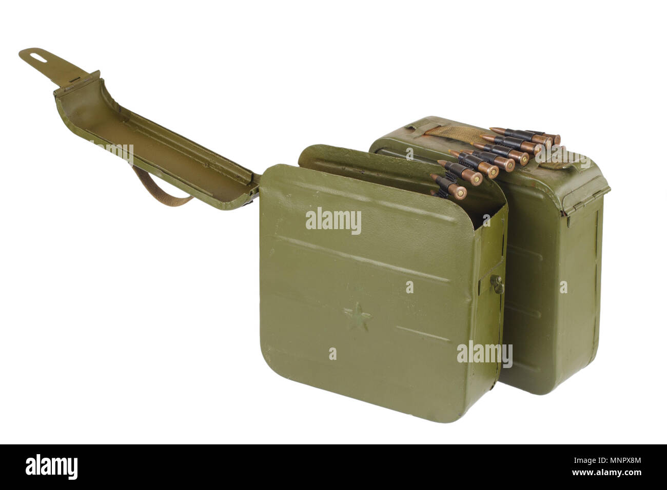 Soviet Maxim gun green ammunition box with machinegun belt Stock Photo