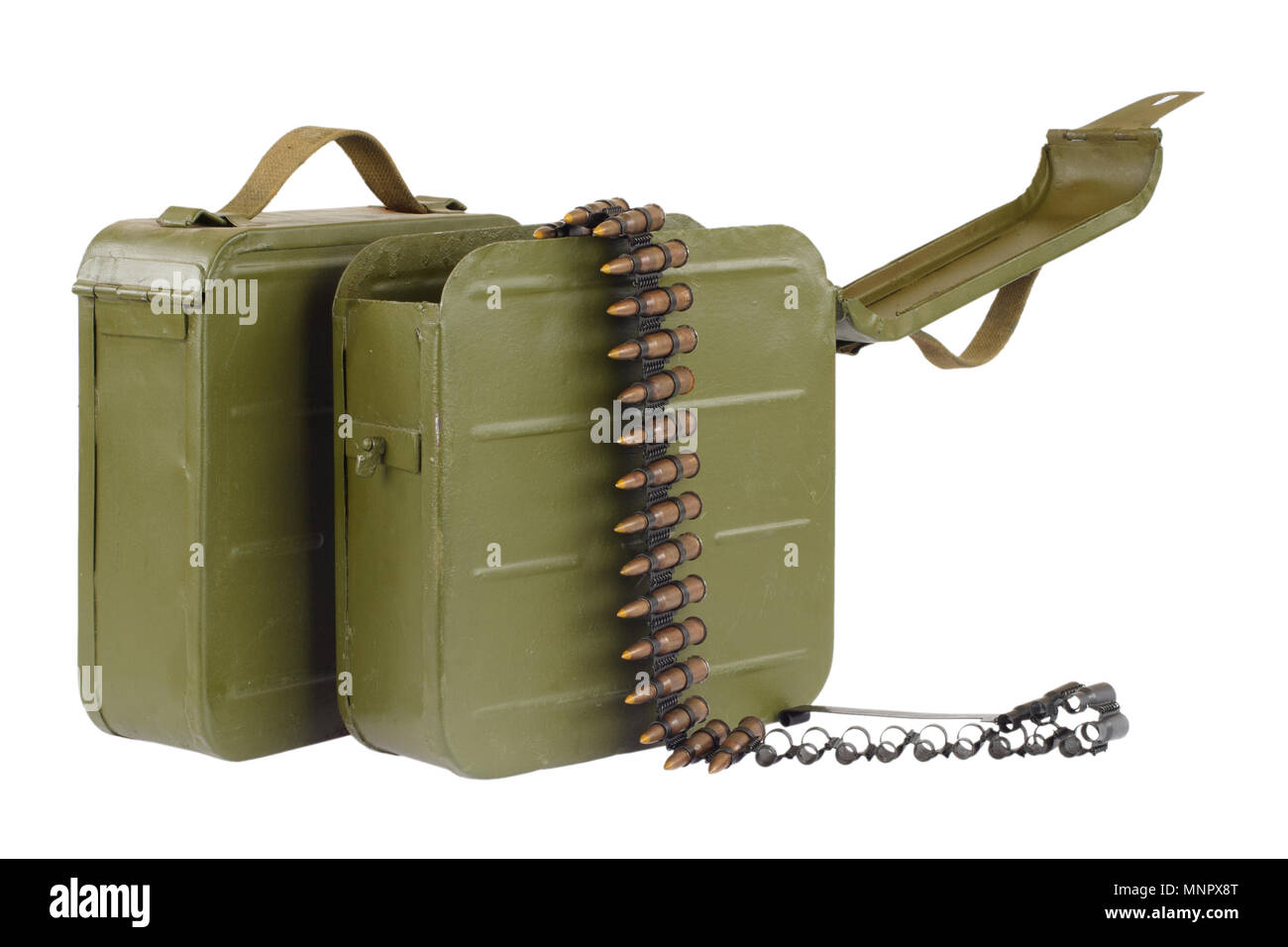 Soviet Maxim gun green ammunition box with machinegun belt Stock Photo
